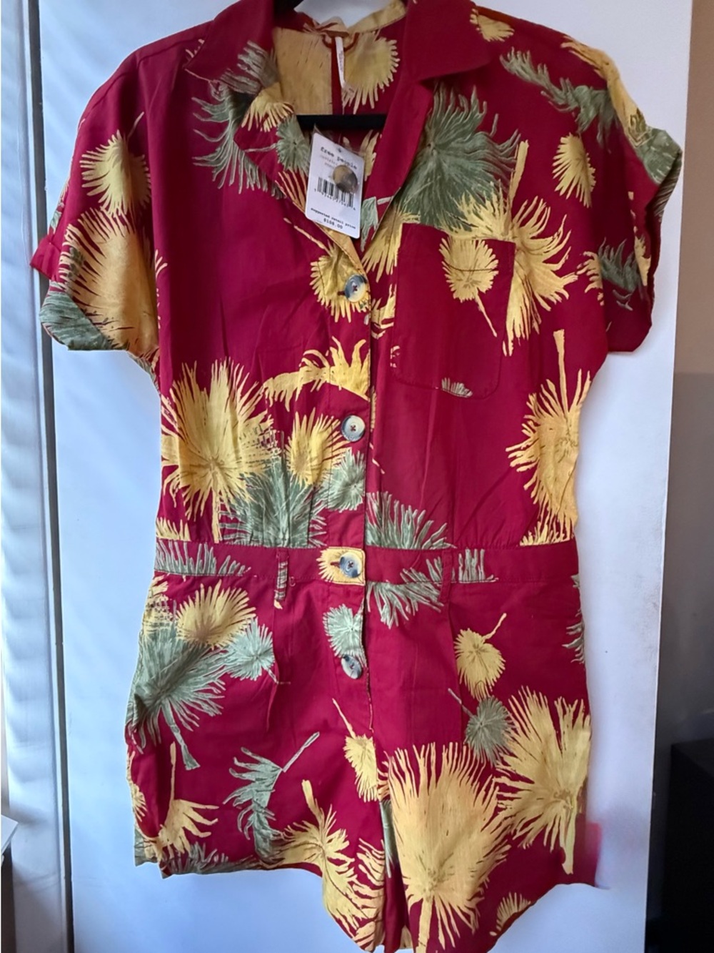 Free People Maroon Tropical Print Romper with Yellow & Olive Palms